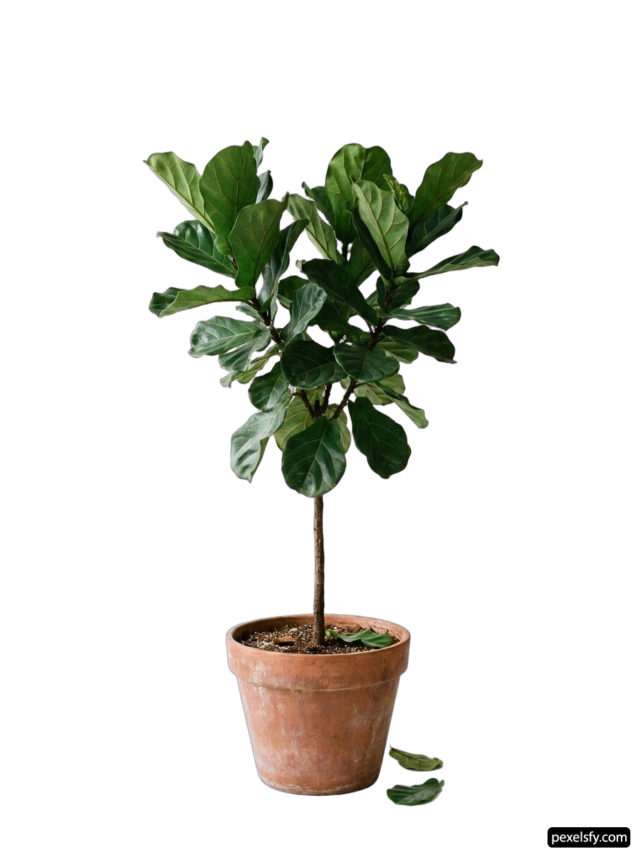 Fiddle leaf fig tree in a pot on a white background png transparent background