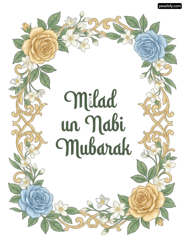 Floral frame with the words Milad un nabi mubarak png transparent background