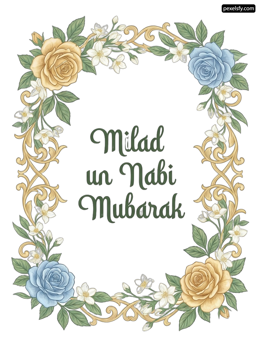Floral frame with the words Milad un nabi mubarak png transparent background