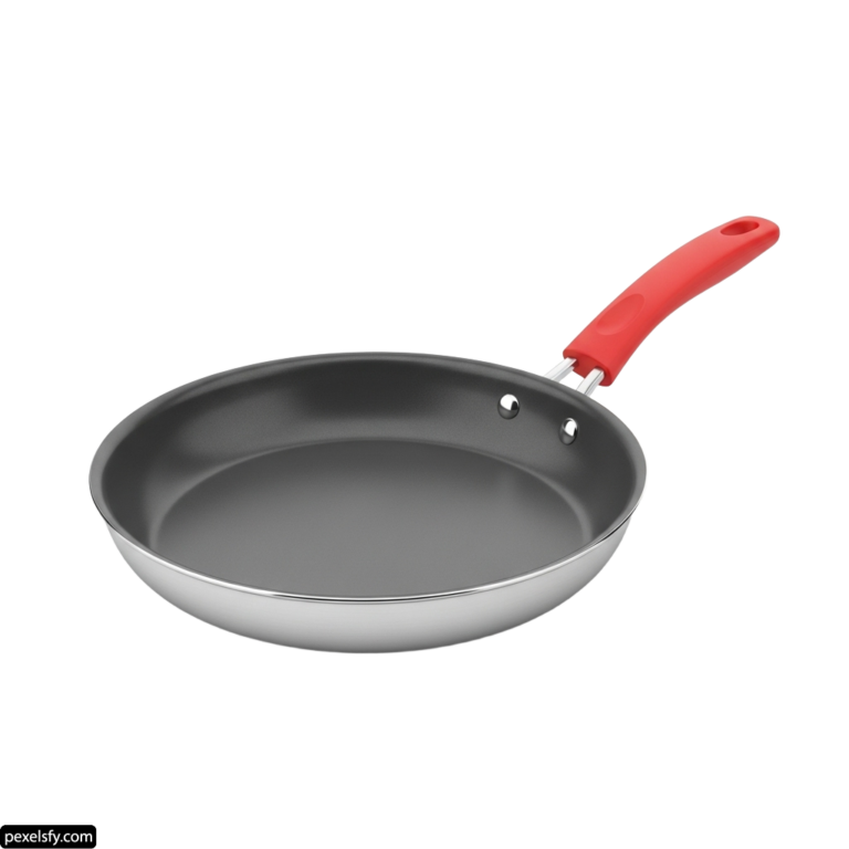 Frying pan with a red handle on a white background png transparent background