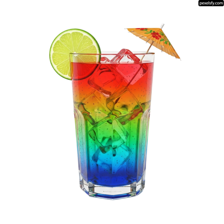 Glass of colorful drink with a slice of lime and an umbrella png transparent background