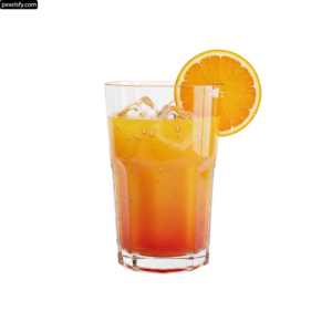 Glass of orange juice with a slice of orange on the rim png transparent background