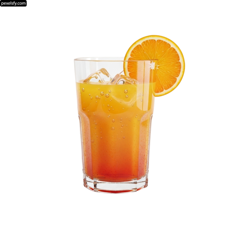 Glass of orange juice with a slice of orange on the rim png transparent background