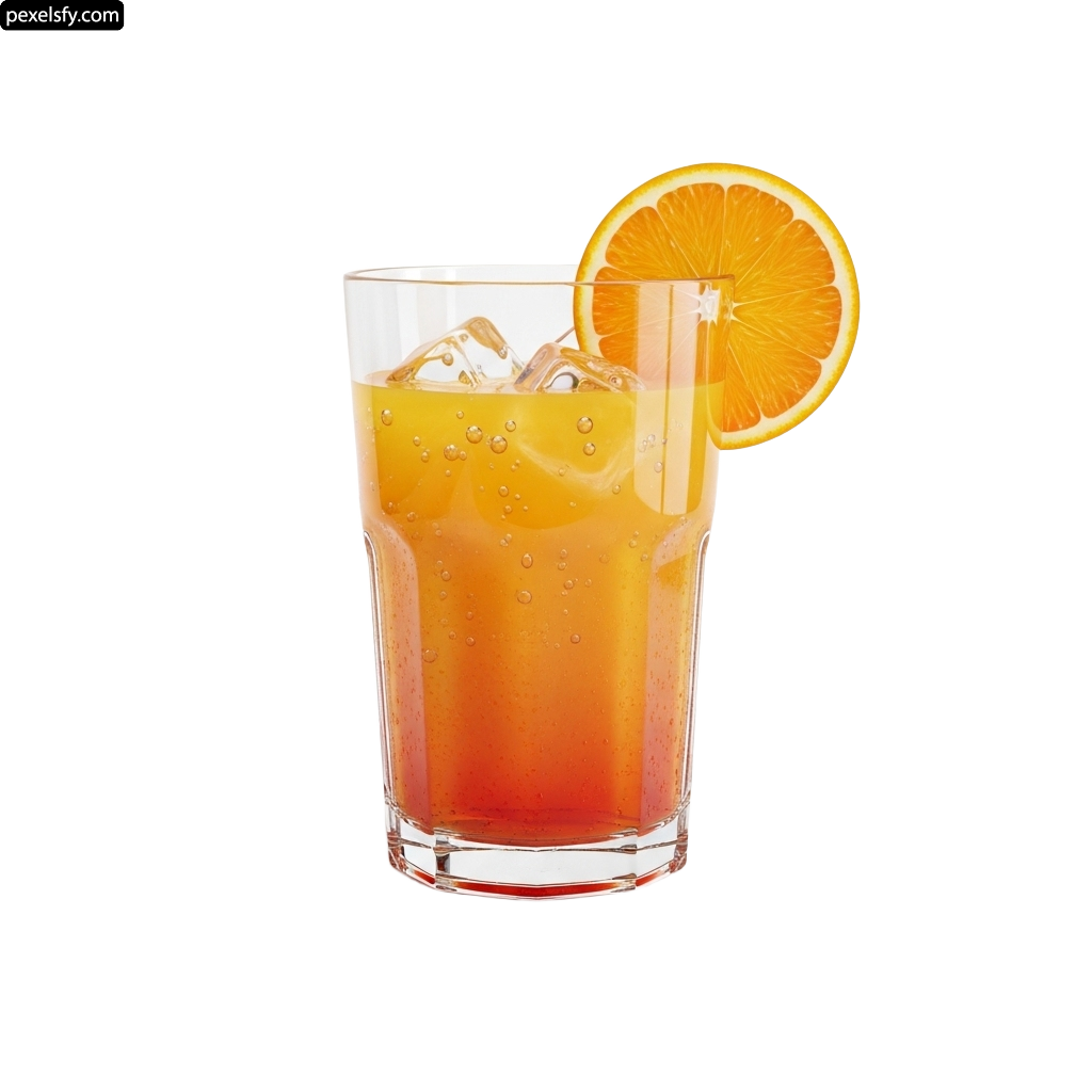 Glass of orange juice with a slice of orange on the rim png transparent background