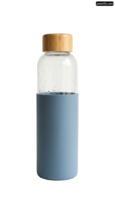 Glass water bottle with a bamboo lid png transparent background