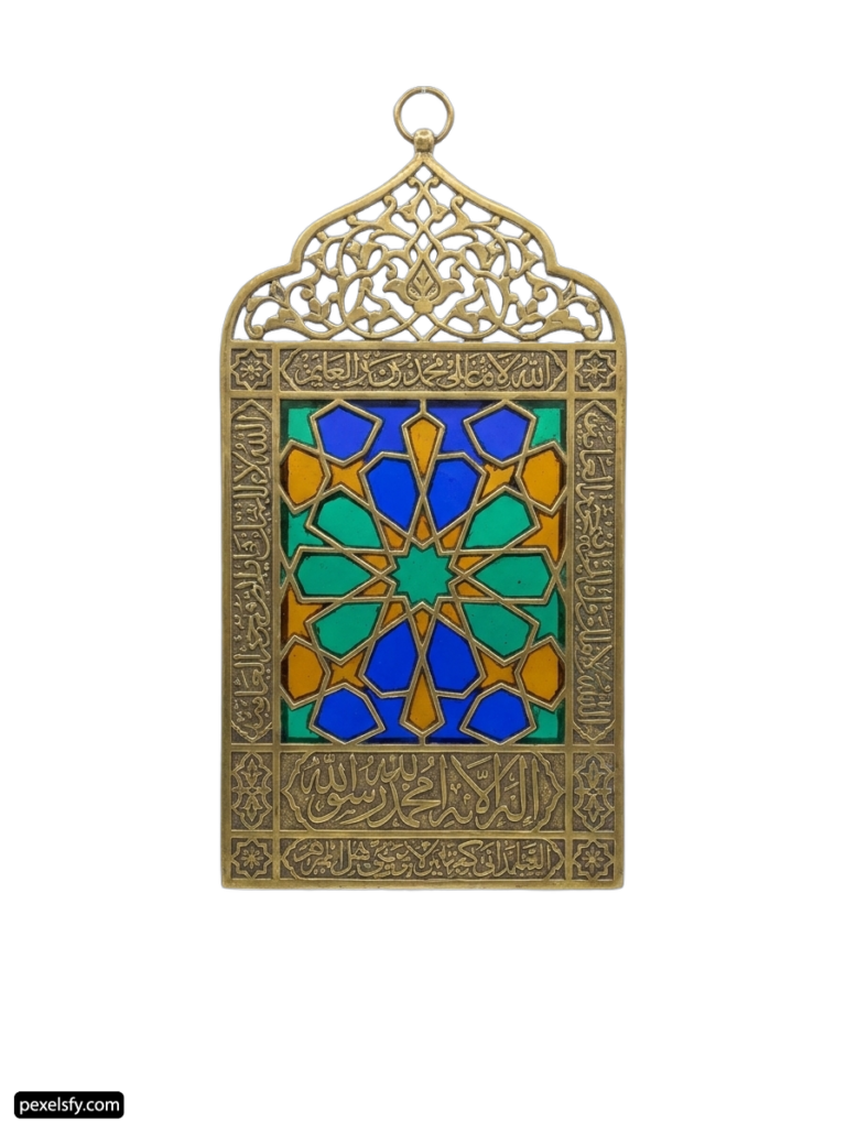 Gold and blue stained glass window with arabic calligraphy png transparent background