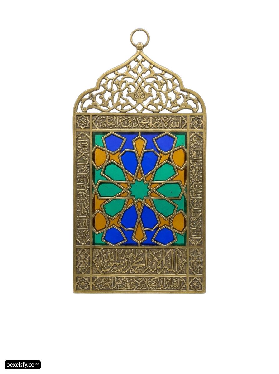 Gold and blue stained glass window with arabic calligraphy png transparent background
