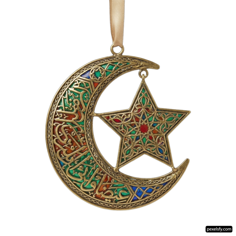 Gold crescent and star ornament with arabic calligraphy png transparent background