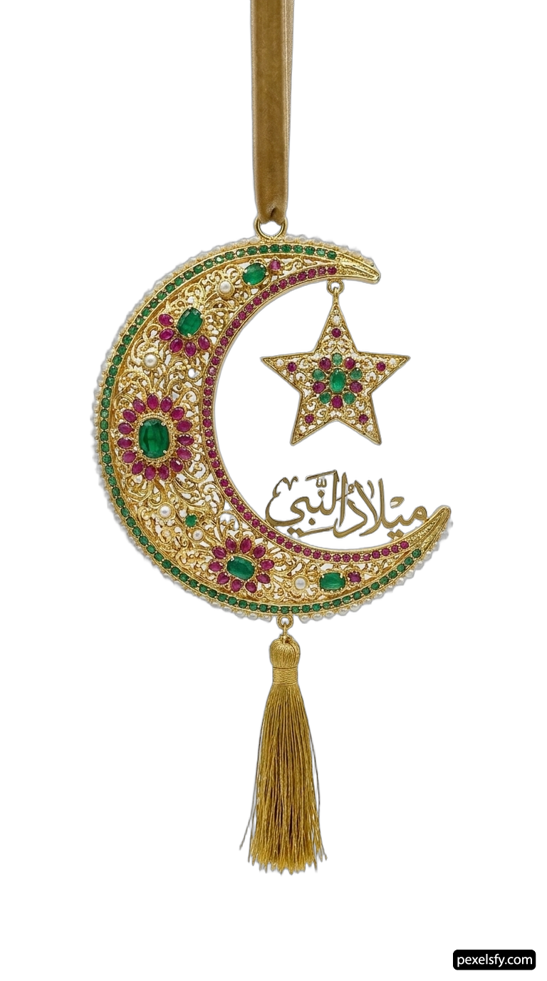 Gold crescent and star ornament with a tassel png transparent background