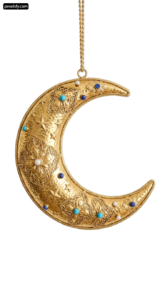 Gold crescent shaped pendant with turquoise stones and pearls png transparent background
