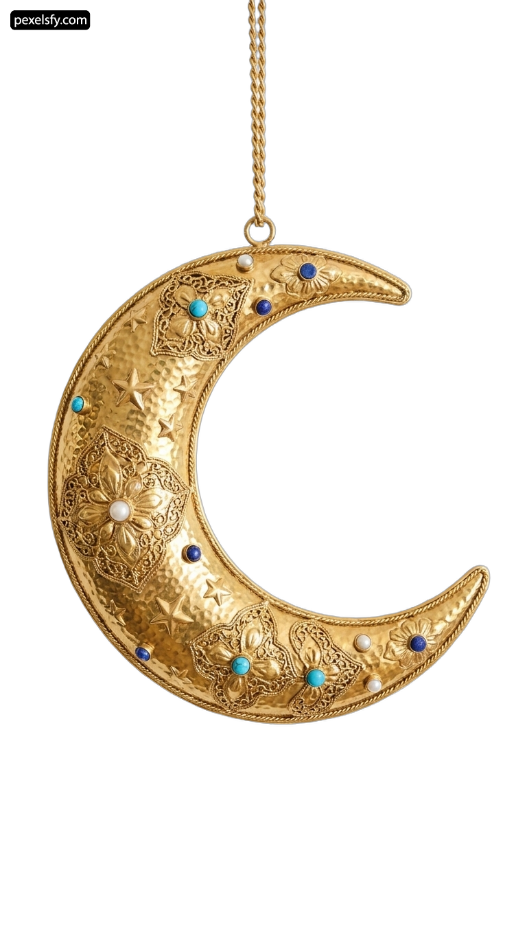 Gold crescent shaped pendant with turquoise stones and pearls png transparent background