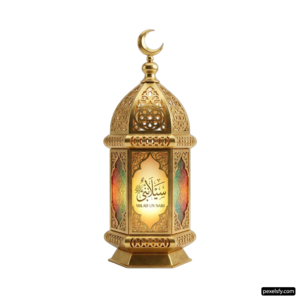 Gold metal lantern with arabic calligraphy on it png transparent background