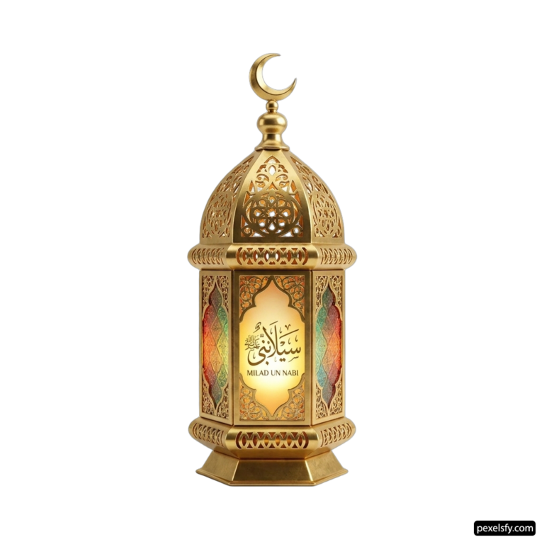 Gold metal lantern with arabic calligraphy on it png transparent background