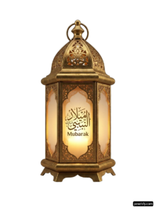 Gold metal lantern with arabic calligraphy on it png transparent background