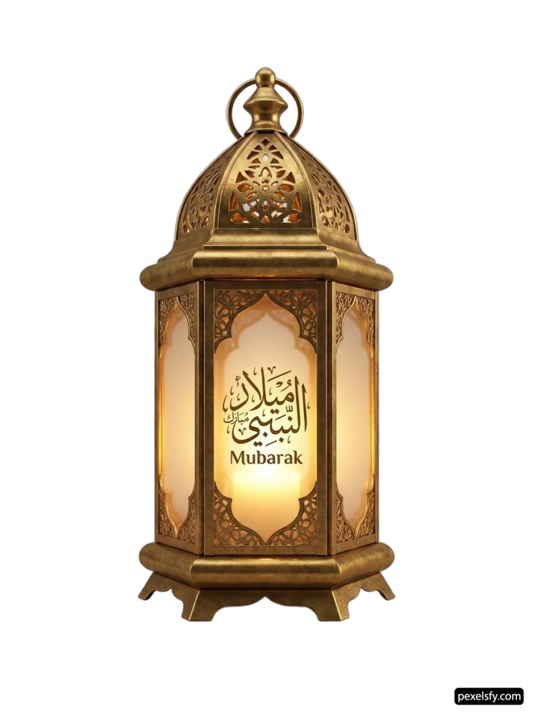 Gold metal lantern with arabic calligraphy on it png transparent background