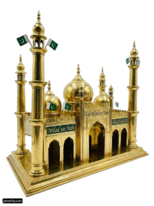Gold statue of a mosque with flags on it png transparent background
