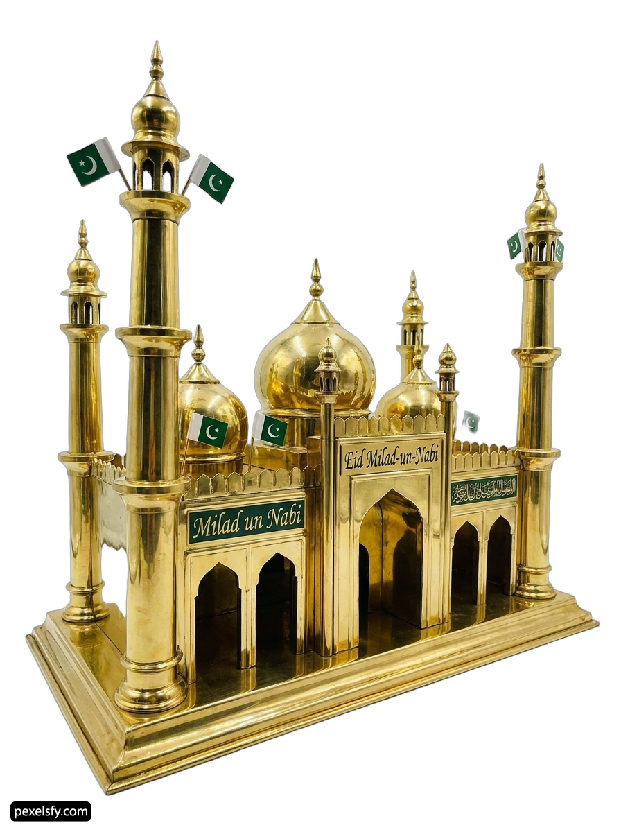 Gold statue of a mosque with flags on it png transparent background