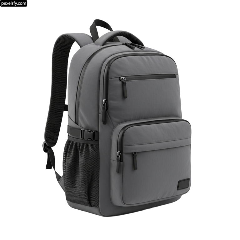 Gray backpack with a black strap on it png transparent background