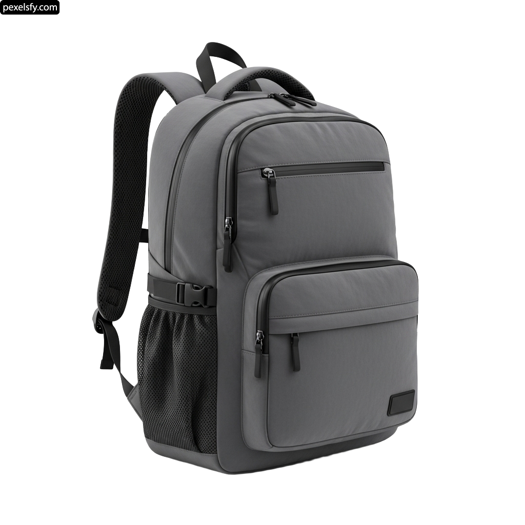Gray backpack with a black strap on it png transparent background
