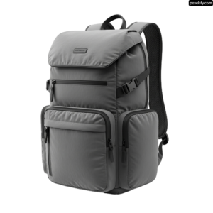 Gray backpack with two compartments on the front of it png transparent background