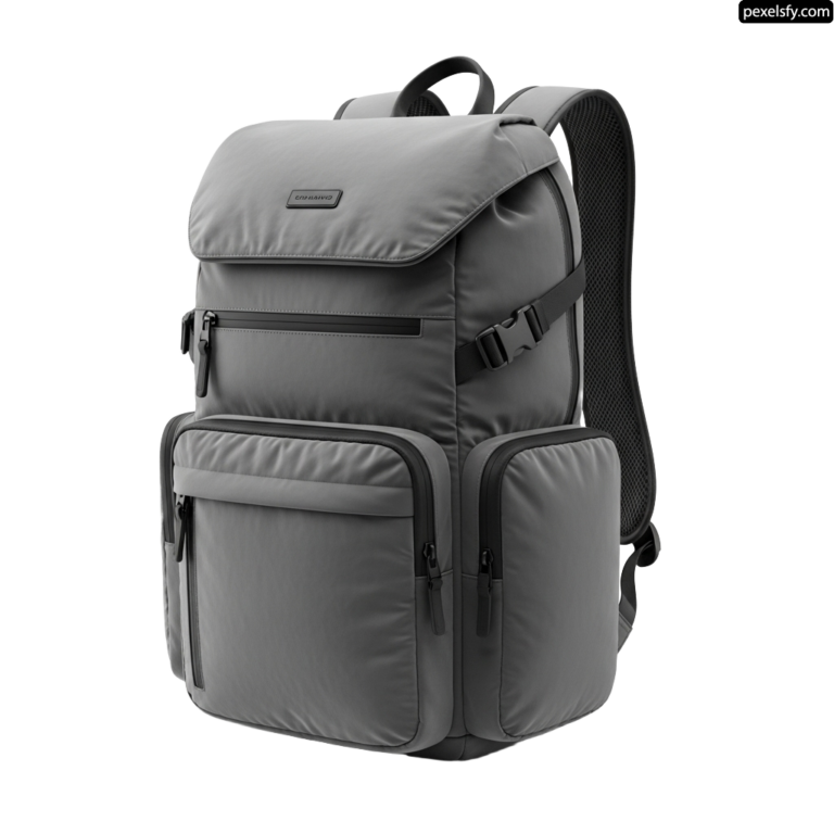Gray backpack with two compartments on the front of it png transparent background