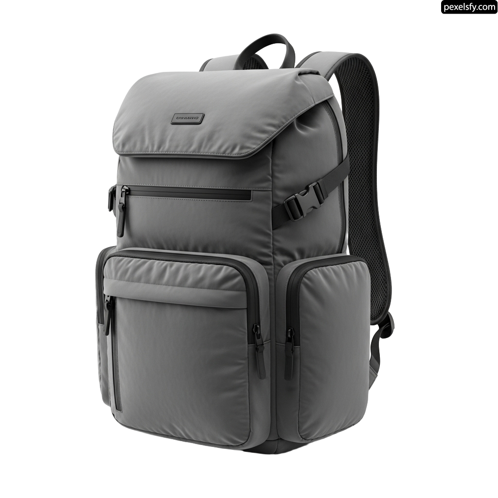 Gray backpack with two compartments on the front of it png transparent background