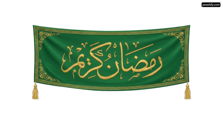 Green and gold banner with arabic writing on it png transparent background
