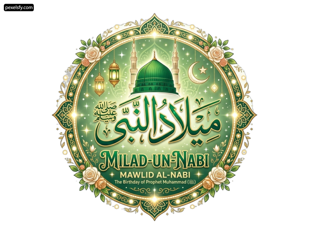 Green and gold logo with a mosque in the background png transparent background