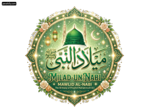 Green and gold logo with a mosque in the background png transparent background