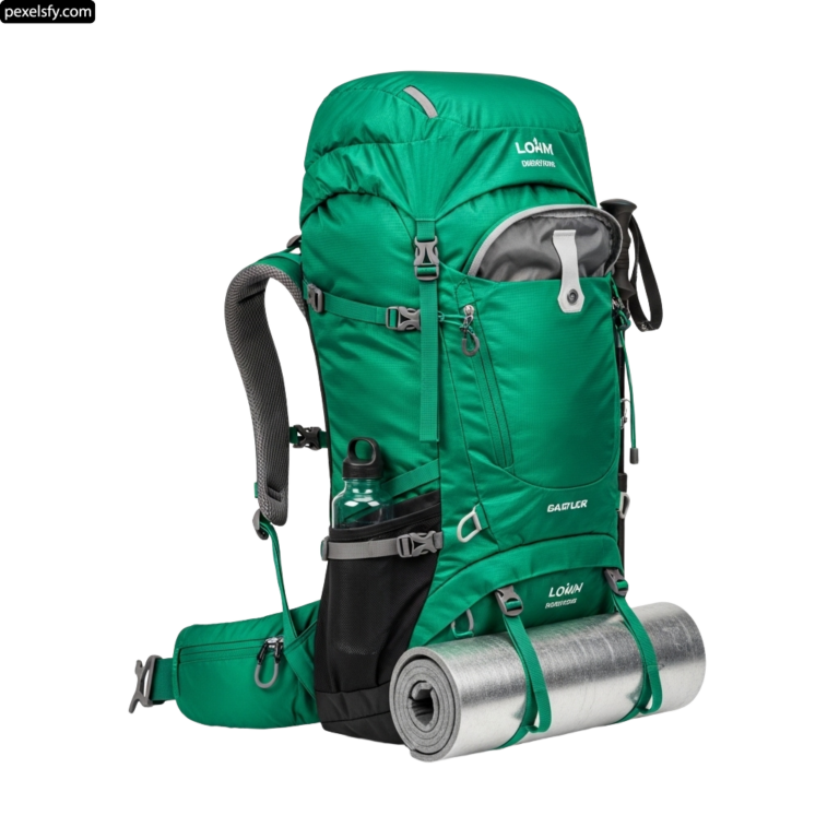 Green backpack with a water bottle and a roll of yoga mat png transparent background