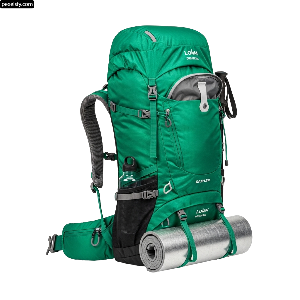Green backpack with a water bottle and a roll of yoga mat png transparent background