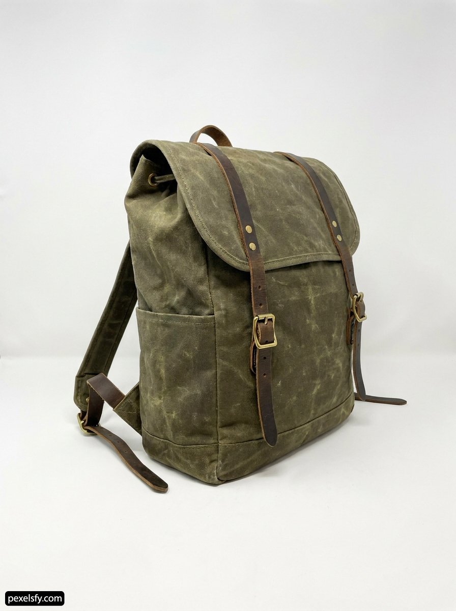 Green backpack with brown leather straps on a white background