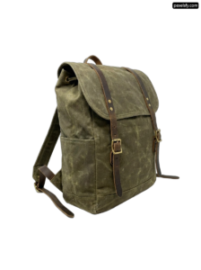 Green backpack with brown straps on a white background png transparent background