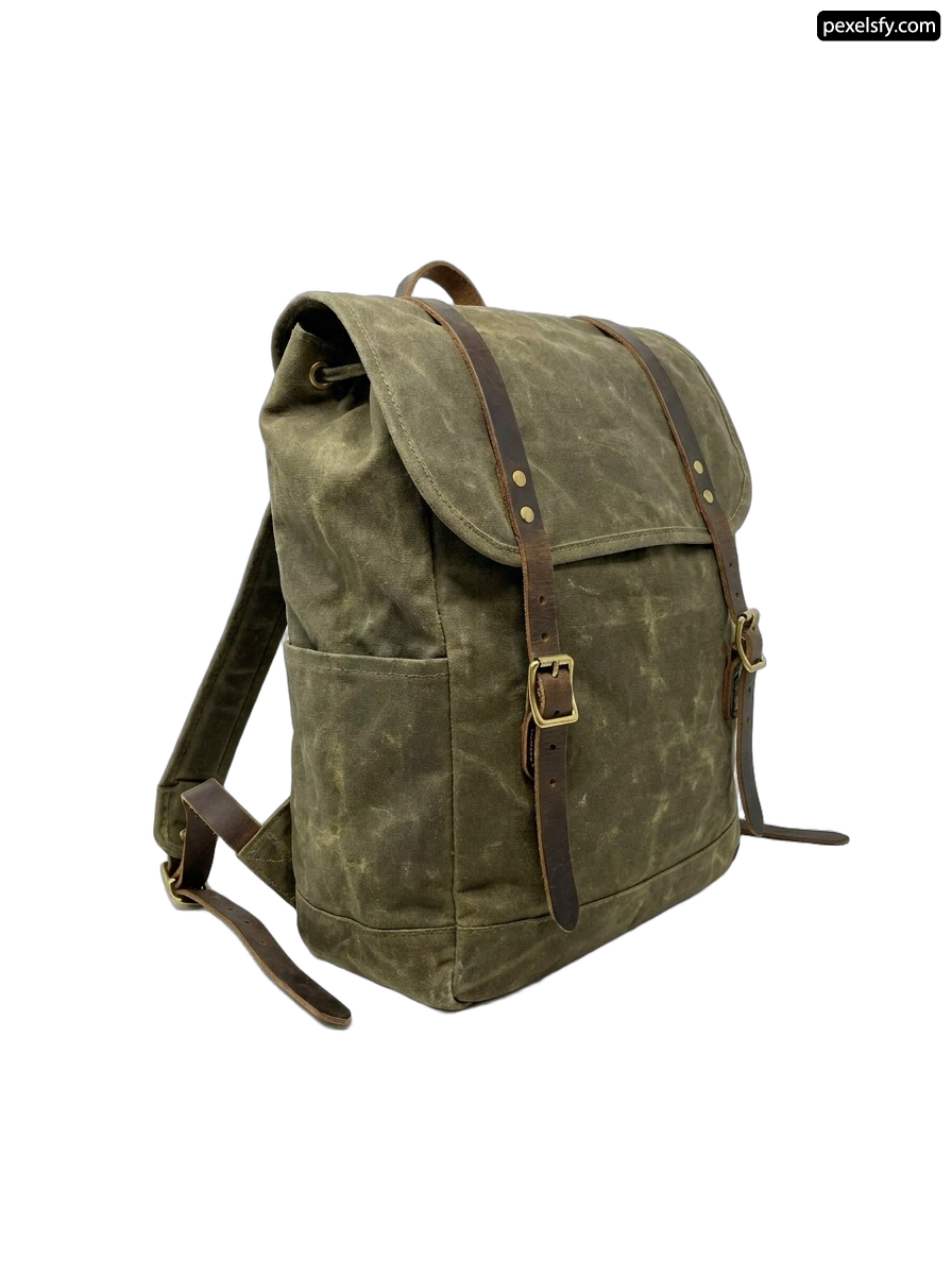 Green backpack with brown straps on a white background png transparent background