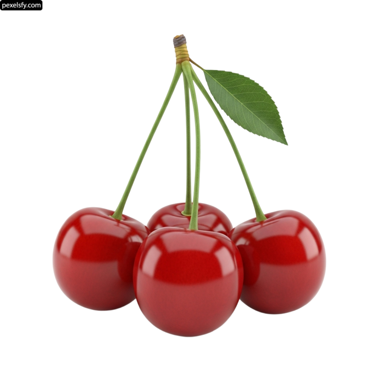 Group of three cherries with green leaves on a white background png transparent background