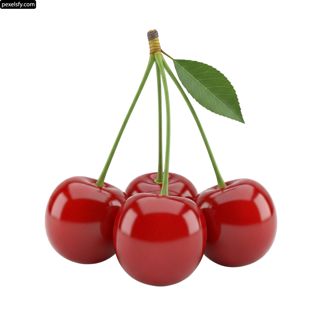 Group of three cherries with green leaves on a white background png transparent background