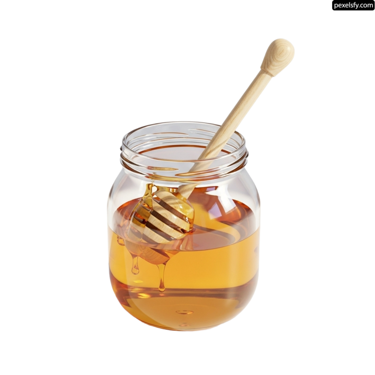 Jar of honey with a wooden spoon in it png transparent background