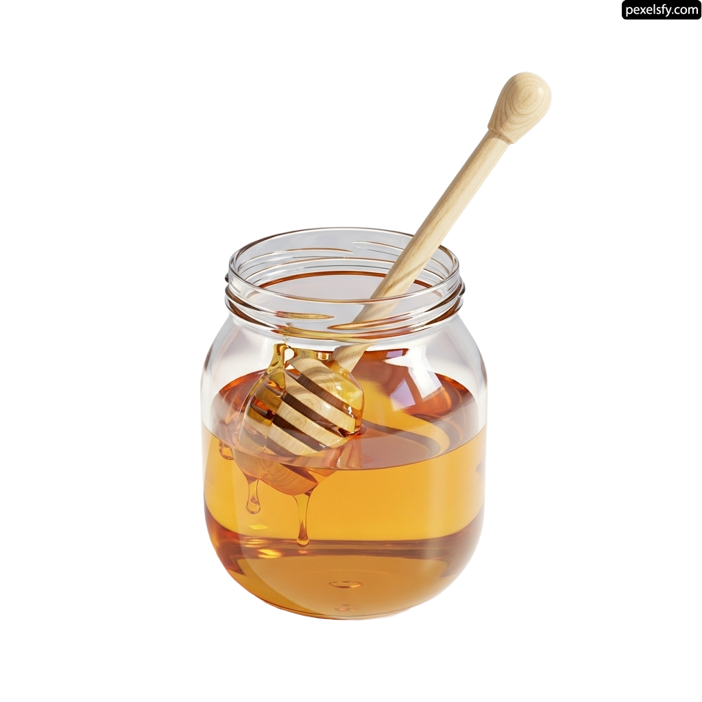 Jar of honey with a wooden spoon in it png transparent background