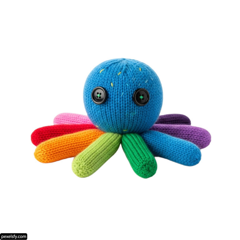 Knitted octopus toy with a rainbow colored body png transparent background