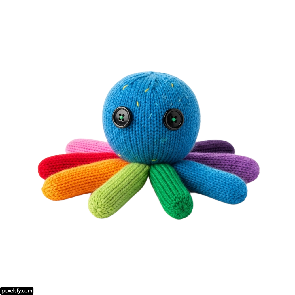 Knitted octopus toy with a rainbow colored body png transparent background
