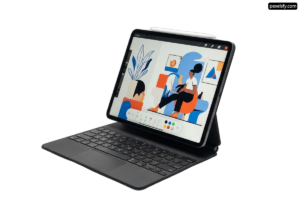 Laptop computer sitting on top of a white surface png transparent background
