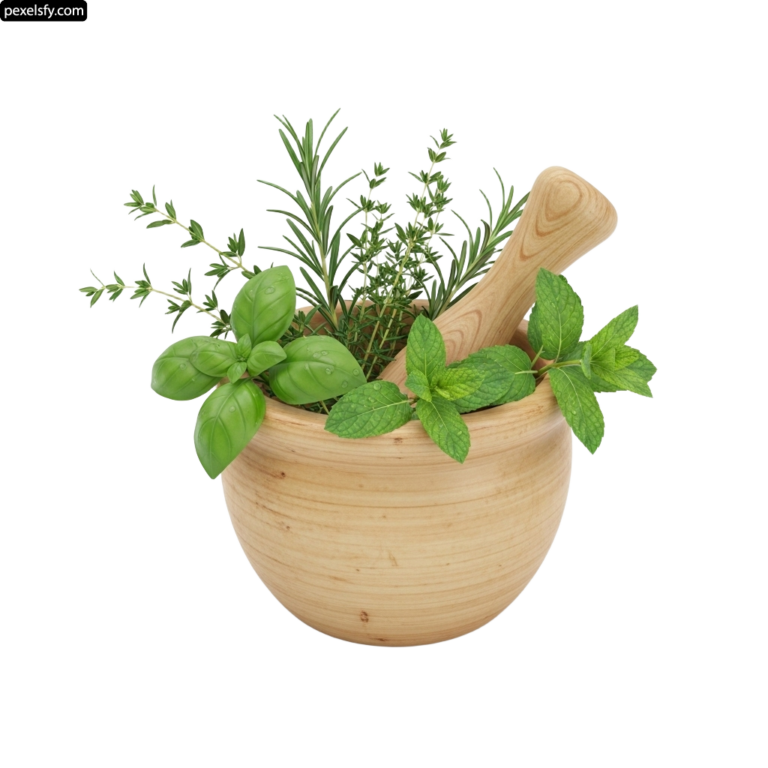 Mortar and pestle filled with fresh herbs on a white background png transparent background