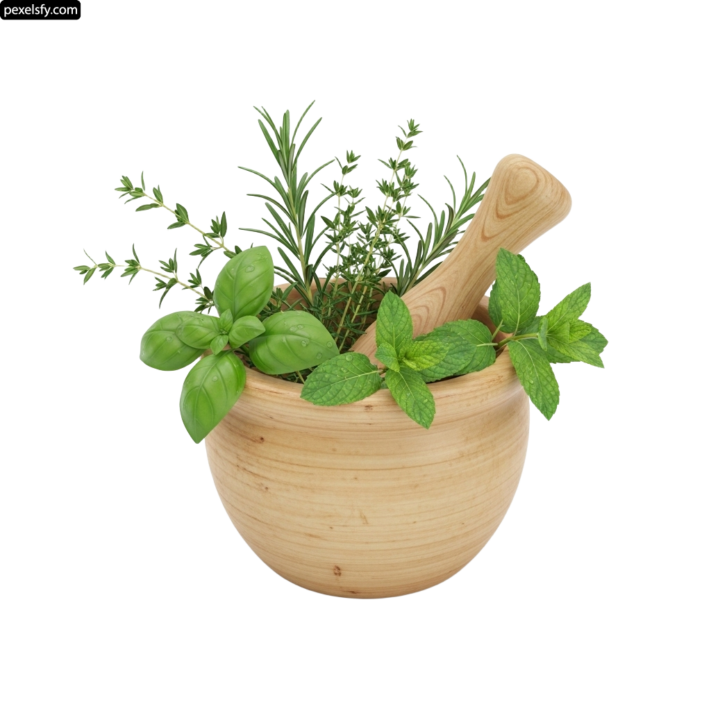 Mortar and pestle filled with fresh herbs on a white background png transparent background