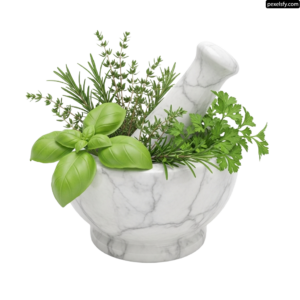 Mortar and pestle filled with fresh herbs on a white background png transparent background