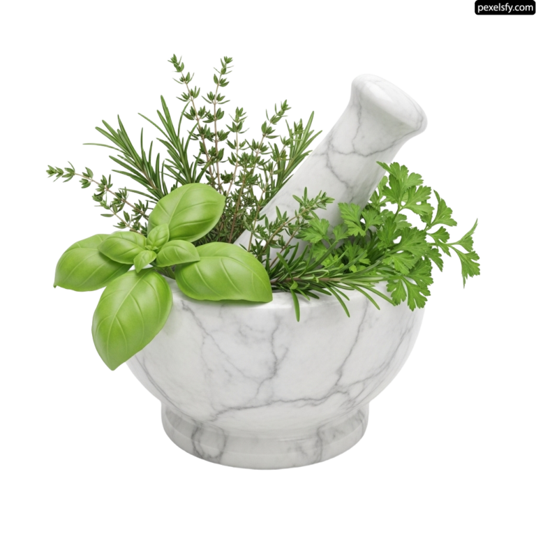Mortar and pestle filled with fresh herbs on a white background png transparent background