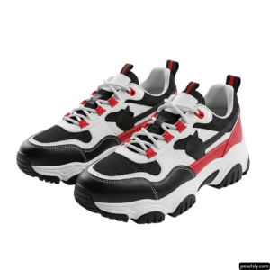 Pair of black and white sneakers with red accents png transparent background