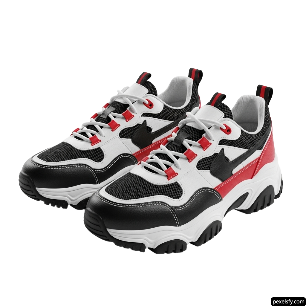 Pair of black and white sneakers with red accents png transparent background