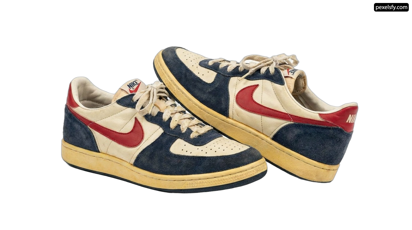 Pair of blue and red sneakers on a white background png transparent background