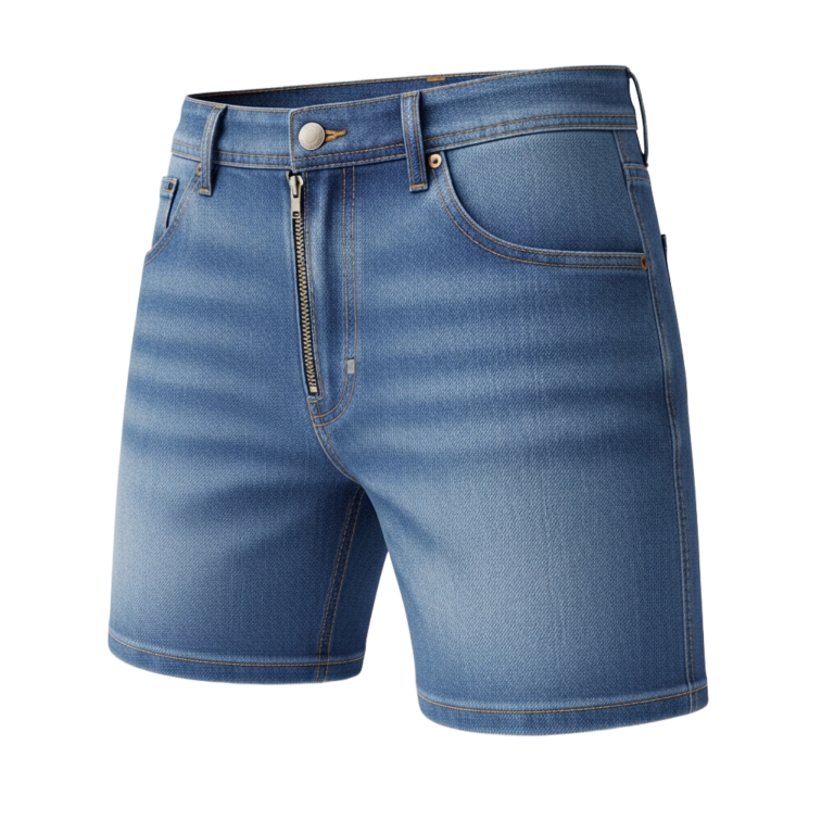 Pair of blue denim shorts with a zipper on the side png transparent background