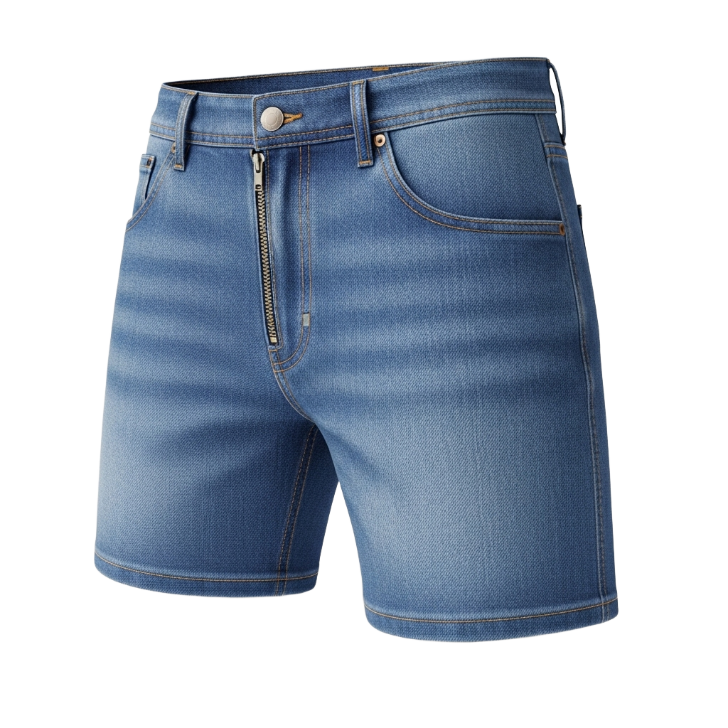 Pair of blue denim shorts with a zipper on the side png transparent background